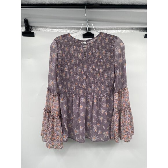 American Eagle Floral Sheer Blouse Smocked Long Flare Sleeve Violet/Multi Small - Picture 7 of 9